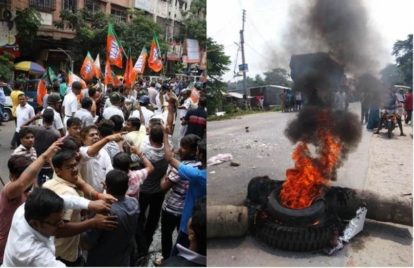 पश्चिम बंगाल में बुधवार को राज्यव्यापी बंद को लेकर बीजेपी ने इस तरह प्रदर्शन और विरोध जताया। (एक्सप्रेस फोटो) 