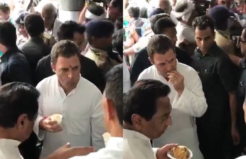 उनका रोड शो जब पुराने भोपाल से गुजर रहा था, तभी वह बस से उतरे और राजू टी स्टॉल पर खड़े होकर उन्होंने समोसा खाया और चाय पी।