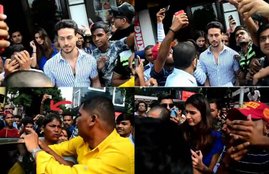 tiger shroff, disha patani, tiger shroff and disha patani, tiger shroff disha patani caught in crowd, tiger shroff, disha patani crazy fan keeps her had on the car door watch video