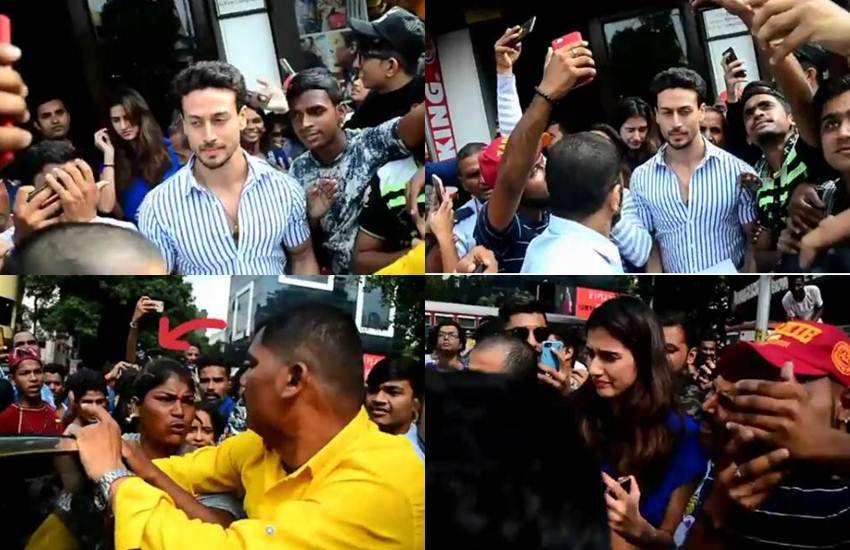 tiger shroff, disha patani, tiger shroff and disha patani, tiger shroff disha patani caught in crowd, tiger shroff, disha patani crazy fan keeps her had on the car door watch video