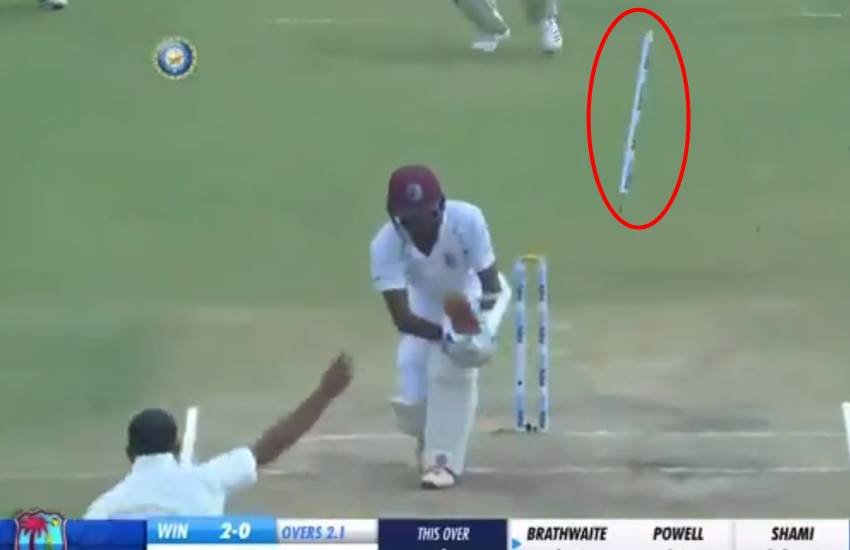 Ind vs WI, India vs West Indies 2018 : मोहम्‍मद शमी की गेंद ब्रेथवेट का ऑफ स्‍टंप ले उड़ी। (Photo : Hotstar Screenshot)
