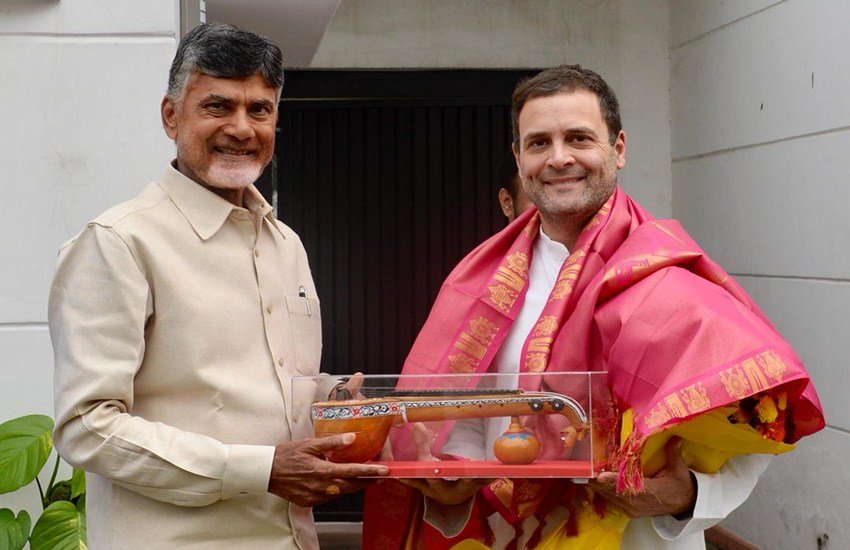 कांग्रेस अध्यक्ष राहुल गांधी और टीडीपी प्रमुख एन चंद्रबाबू नायडू। (फोटो-ANI)