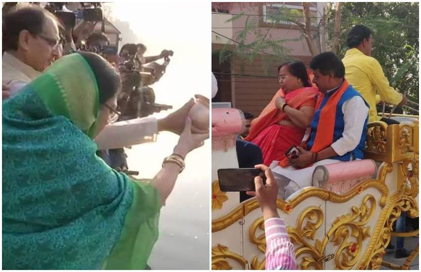 नर्मदा किनारे पत्नी संग सीएम शिवराज और रथ पर सवार कैलाश विजयवर्गीय