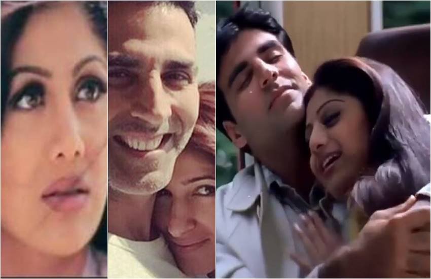 फिल्म धड़कन में शिल्पा शेट्टी और अक्षय कुमार, बीच में अक्षय पत्नी ट्विंकल खन्ना के साथ