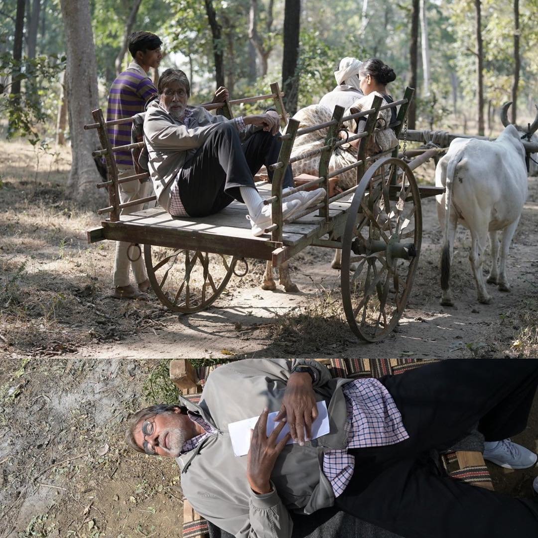 amitabh bachan, amitabh bachan latest pics, amitabh bachan enjoying in village, amitabh bachan in village, amitabh bachan enjoying village life, amitabh bachan movie, amitabh bachan on coat, amitabh bachan suffers in Bullock cart