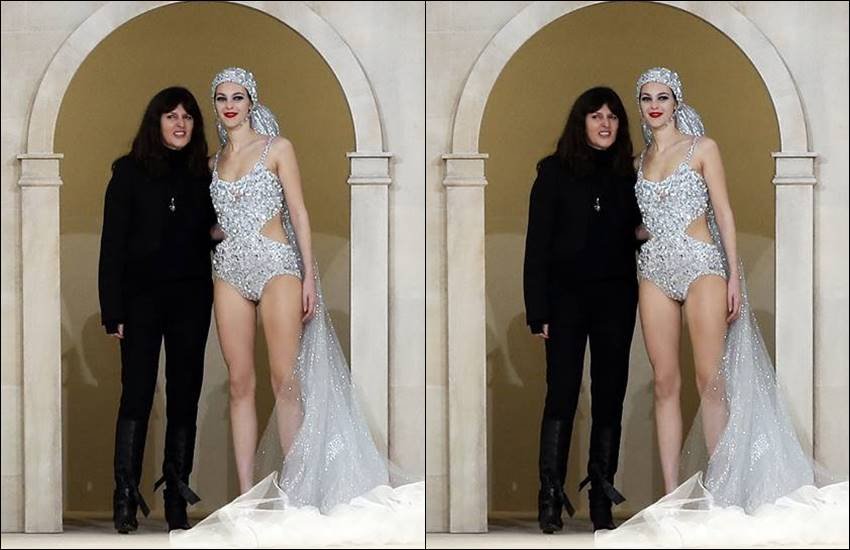 chanel, chanel haute couture bridal swimsuit, haute couture bridal swimsuit, mediterranean gardens, grand palais in paris, cathedral-length veil, one-piece bathing suit in lieu traditional wedding dress, chanel spring 2019 haute couture collection,
