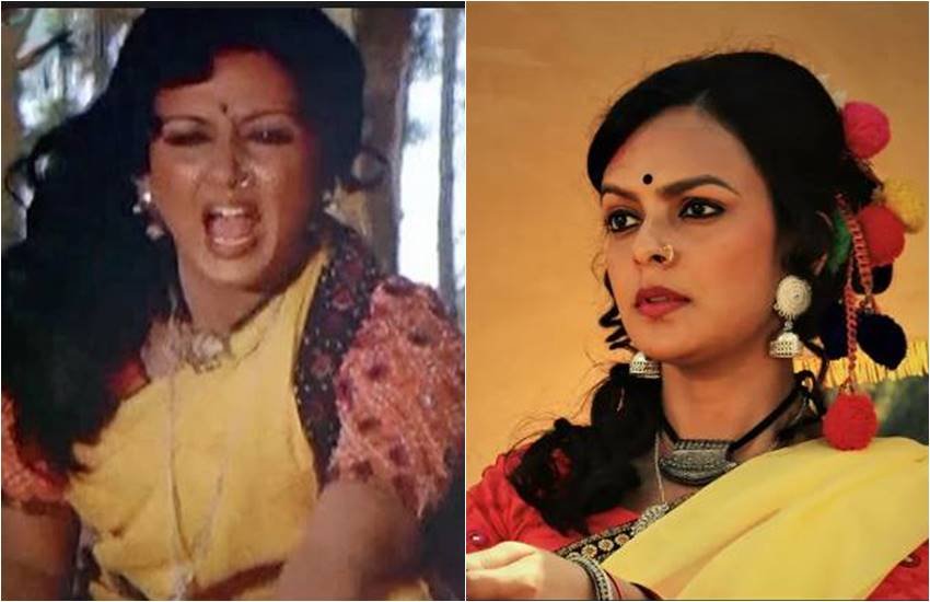 फिल्म शोले के एक सीन में हेमा मालिनी, दूसरी तरफ एक्ट्रेस बिदिता (द शोले गर्ल में..)