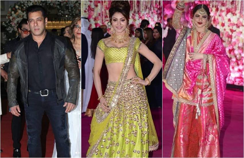 सलमान खान, उर्वशी रौतेला और रेखा Azhar Morani and Tanya Seth Reception के रिसेप्शन में (फोटोसोर्स: इंस्टा- @viralbhayani)