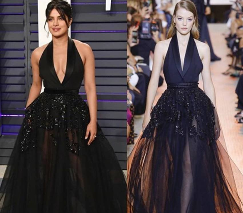 प्रियंका का ये फ्लॉलेस ब्लैक गाउन 2018 Haute Couture collection से है। यह गाउन @eliesaabworld द्वारा डिजाइन किया गया है।
