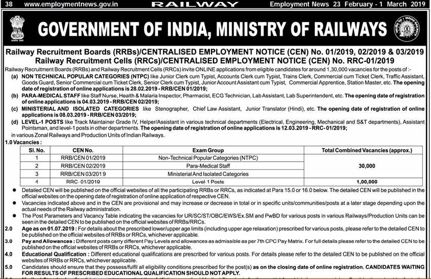 RRB, RECRUITMENT, NTPC, EMPLOYMENT NEWS