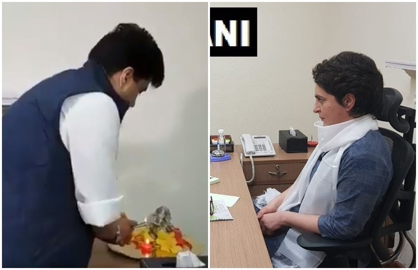 दिल्ली मुख्यालय में ज्योतिरादित्य सिंधिया और प्रियंका गांधी। (Photo: TwitterJM_Scindia/ANI)