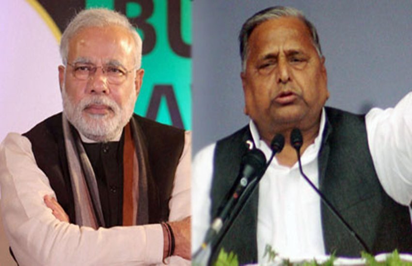 प्रधानमंत्री नरेंद्र मोदी और मुलायम सिंह यादव। फोटो सोर्स : इंडियन एक्सप्रेस