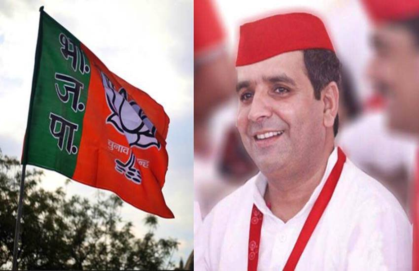 भाजपा पार्टी का ध्वज और सपा सांसद धर्मेंद्र यादव, फोटो सोर्स- इंडियन एक्सप्रेस और ट्विटर (dharmendraydav)