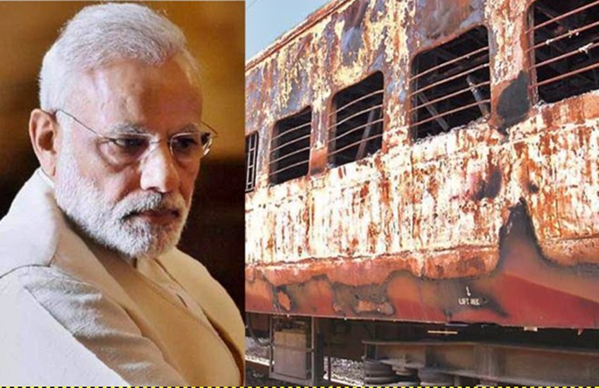 पीएम नरेन्द्र मोदी और गोधरा कांड में जली साबरमती एक्सप्रेस, फोटो सोर्स- इंडियन एक्सप्रेस