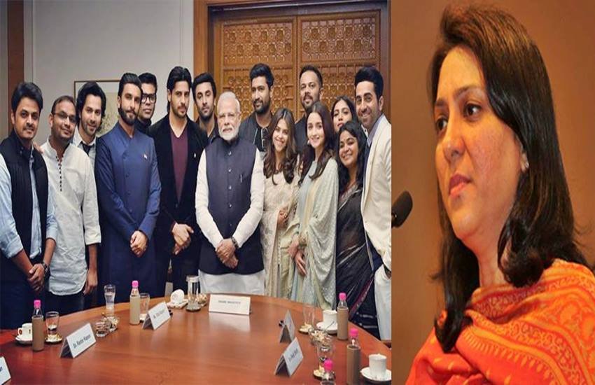 बॉलीवुड सेलेब्स के साथ पीएम मोदी और प्रिया दत्त, फोटो सोर्स- इंडियन एक्सप्रेस