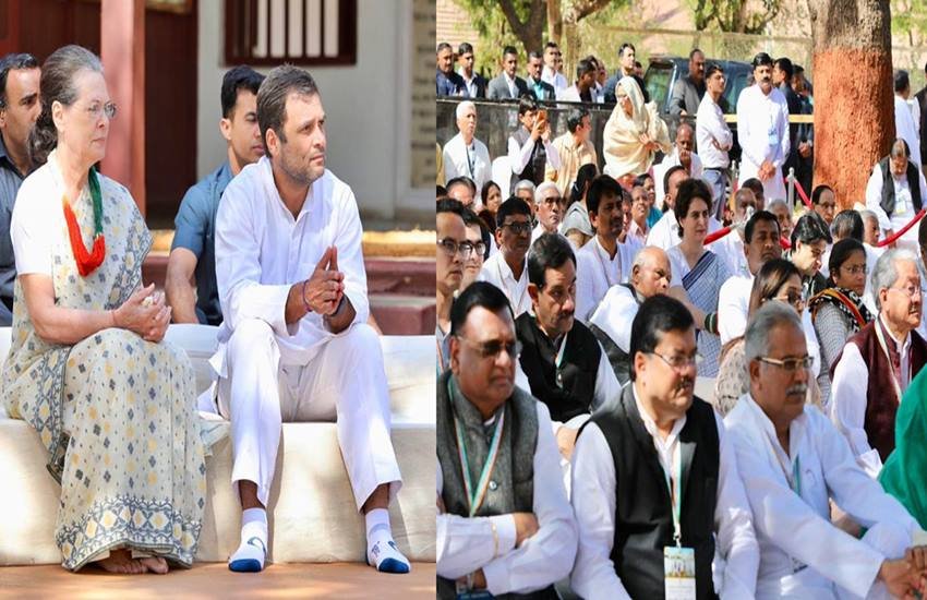गांधी आश्रम में राहुल गांधी, सोनिया गांधी, प्रियंका गांधी सहित अन्य नेता, फोटो सोर्स- इंडियन एक्सप्रेस (जावेद राजा)