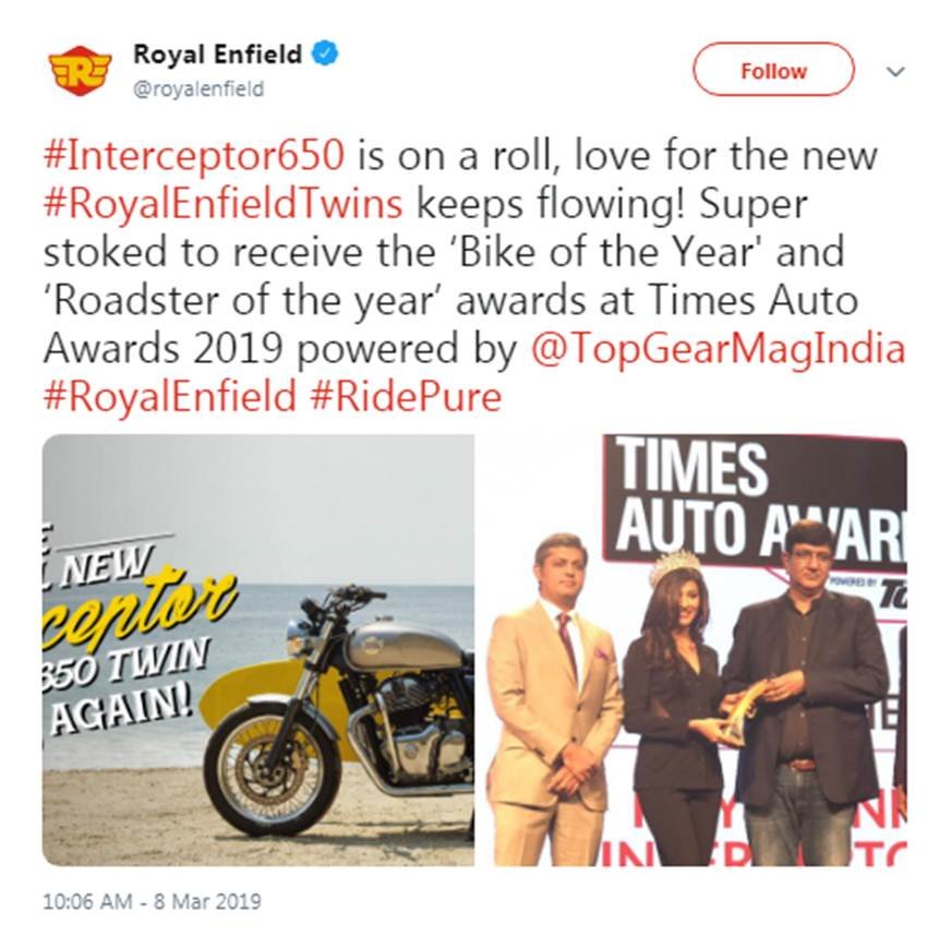 Royal Enfield Interceptor 650, Royal Enfield, Interceptor 650, Bike of the Year Award, Roadster of the Year, Times Auto Awards 2019, City Motorcycle, Highway Cruiser, Indian Bike of the Year, Auto Car Awards, Royal Enfield News, Car Bike News, Auto News, Hindi News