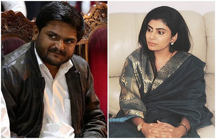 कांग्रेस नेता हार्दिक पटेल और भाजपा नेत्री तथा रविंद्र जडेजा की पत्नी रिवाबा। (Express Photo)