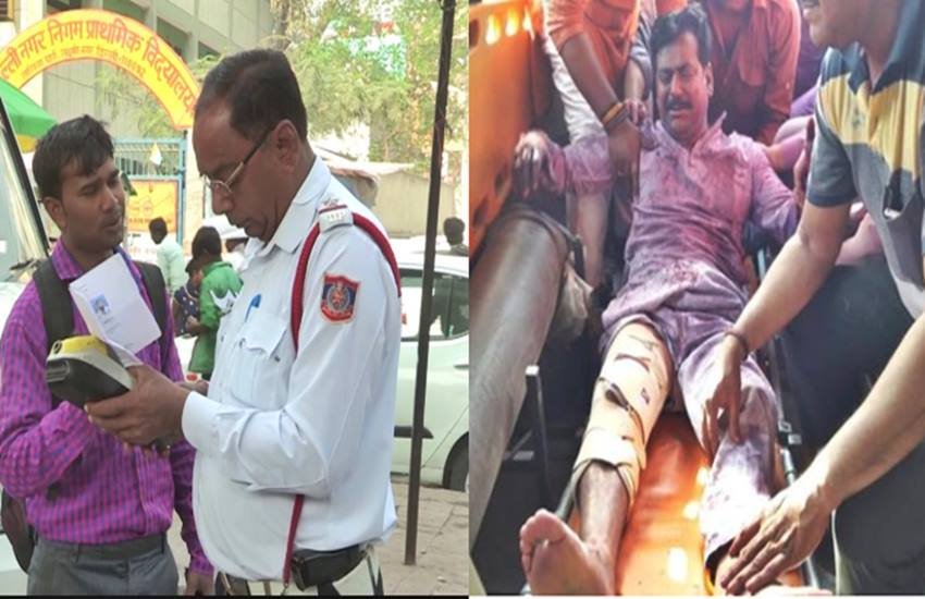 चालान काटती दिल्ली पुलिस और भाजपा विधायक योगेश वर्मा, फोटो सोर्स- इंडियन एक्सप्रेस और ट्विटर (@Samar_Anarya)