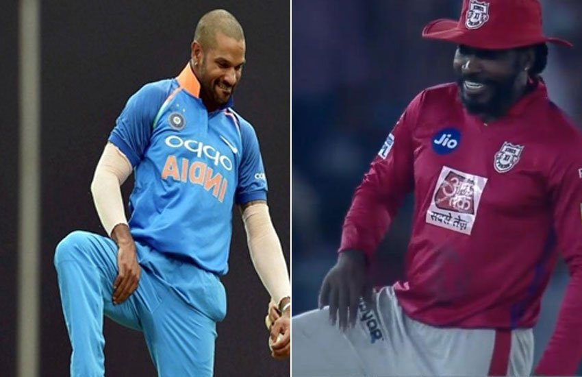 शिखर धवन और क्रिस गेल। (फोटो सोर्स- स्क्रीनशॉट/ipl)