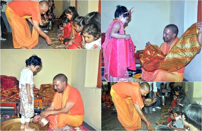 उत्तर प्रदेश के मुख्यमंत्री योगी आदित्यनाथ ने राज्य की जनता को मर्यादा पुरूषोत्तम भगवान श्रीराम के जन्मोत्सव ''रामनवमी'' के पावन पर्व पर हार्दिक शुभकामनाएं प्रेषित करते हुए सभी के सुखमय एवं मंगलमय जीवन की कामना की। मुख्यमंत्री योगी ने कहा कि रामनवमी भगवान श्रीराम का जन्मोत्सव है। रामनवमी के पर्व के साथ ही चैत्र नवरात्रि का पूजन भी सम्पन्न होता है। मुख्यमंत्री ने कहा कि भगवान श्रीराम ने हमें धर्म का अनुसरण करते हुए जीवन जीने की प्रेरणा दी। उनका सम्पूर्ण जीवन हमें भारतीय संस्कृति के उदात्त गुणों-श्रद्धा, भक्ति, शक्ति, शान्ति, शील तथा सदाचार की प्रेरणा प्रदान करता है। भगवान श्रीराम का चरित्र जीवन के प्रत्येक क्षेत्र में अनुकरणीय आदर्श प्रस्तुत करता है। उनका जीवन चरित्र आदर्श जीवन के साथ ही आचरण की शुद्धता के लिए प्रेरित करता है। उत्तर प्रदेश के लिये यह अत्यन्त गौरवपूर्ण है कि भगवान श्रीराम की जन्मस्थली अयोध्या यहीं पर है। साथ ही इस अवसर पर वे नए रूप में दिखें। कन्याओं के पांव पखारे, पूजा की और भोज कराया। (Photo: Twitter@GorakhnathMndr)