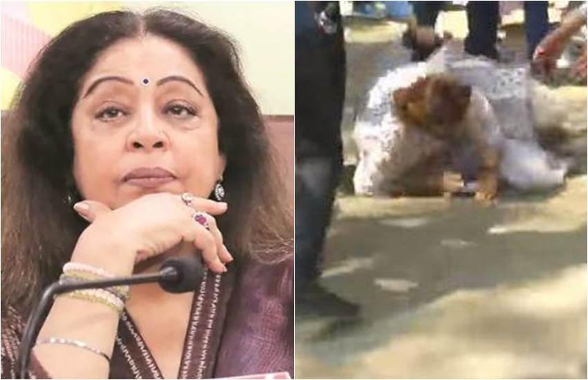बीजेपी प्रत्याशी किरण खेर का मतदान के दौरान पैर फिसल गया और वह गिर पड़ीं। फोटो क्रेडिट/सोशल मीडिया, फेसबुक)