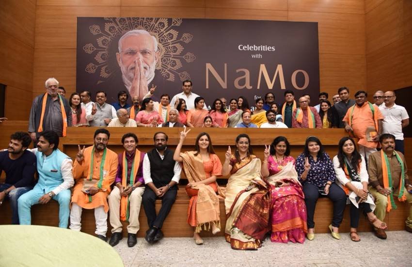 narendra modi, celebrities with namo, film personalities, boney kapoor, jaya prada, prahlad kakkar, poonam dhillon, babul supriyo, sai kumar, babu mohan, manoj tiwari and kavitha, pm modi, celebrities with namo event, celebrities with namo news, celebrities with namo photos"