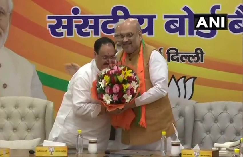 भाजपा के कार्यकारी अध्यक्ष बनने पर जेपी नड्डा को बधाई देते अमित शाह। (Photo: ANI)
