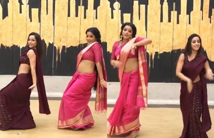 भोजपुरी एक्ट्रेस मोनालिसा और टीवी एक्ट्रेस नियती फतनानी। (फोटो सोर्स- वीडियो स्नैप शॉट)