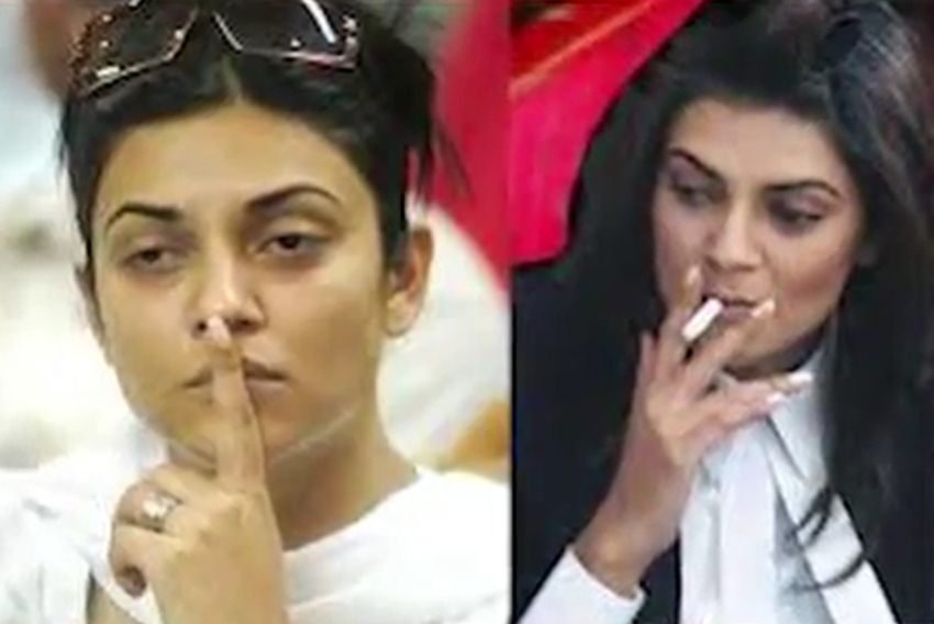 सुष्मिता सेन: पूर्व मिस यूनिवर्स सुष्मिता सेन भी सिगरेट के साथ कैमरे में कैद हो चुकी हैं।(Pic: Youtube Screengrab)