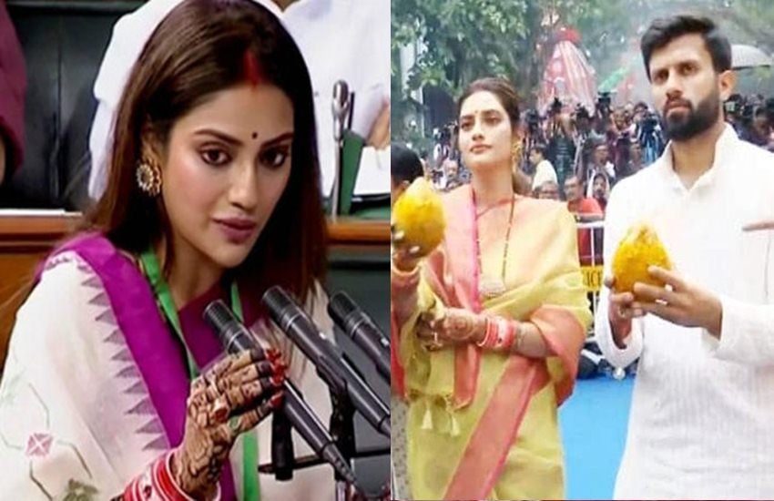अभिनेत्री से पॉलिटिशियन बनीं टीएमसी सांसद नुसरत जहां गुरुवार को कोलकाता के जगन्नाथ रथयात्रा में शामिल हुईं। इस यात्रा में नुसरत के साथ उनके पति निखिल जैन भी मौजूद थे। दोनों ने यहां बकायदा पूजा और आरती भी की। इस नव दंपत्ति के साथ यहां मुख्य अतिथि के तौर पर पश्चिम बंगाल की सीएम ममता बनर्जी भी मौजूद रहीं। इन सभी ने पारंपरिक तरीके से पूजा पाठ करने के बाद रथयात्रा प्रारंभ की।