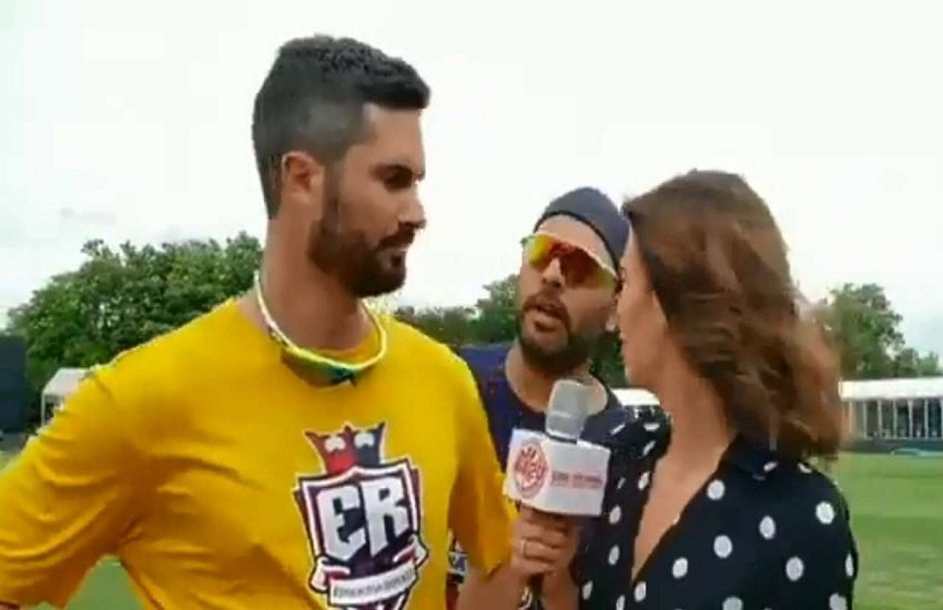 Global T20 league: मशहूर ग्लोबल टी20 लीग के दौरान बेन कटिंग, इरिन होलैंड और युवराज सिंह। (video screenshot) Global T20 league: मशहूर ग्लोबल टी20 लीग के दौरान बेन कटिंग, इरिन होलैंड और युवराज सिंह। (video screenshot)