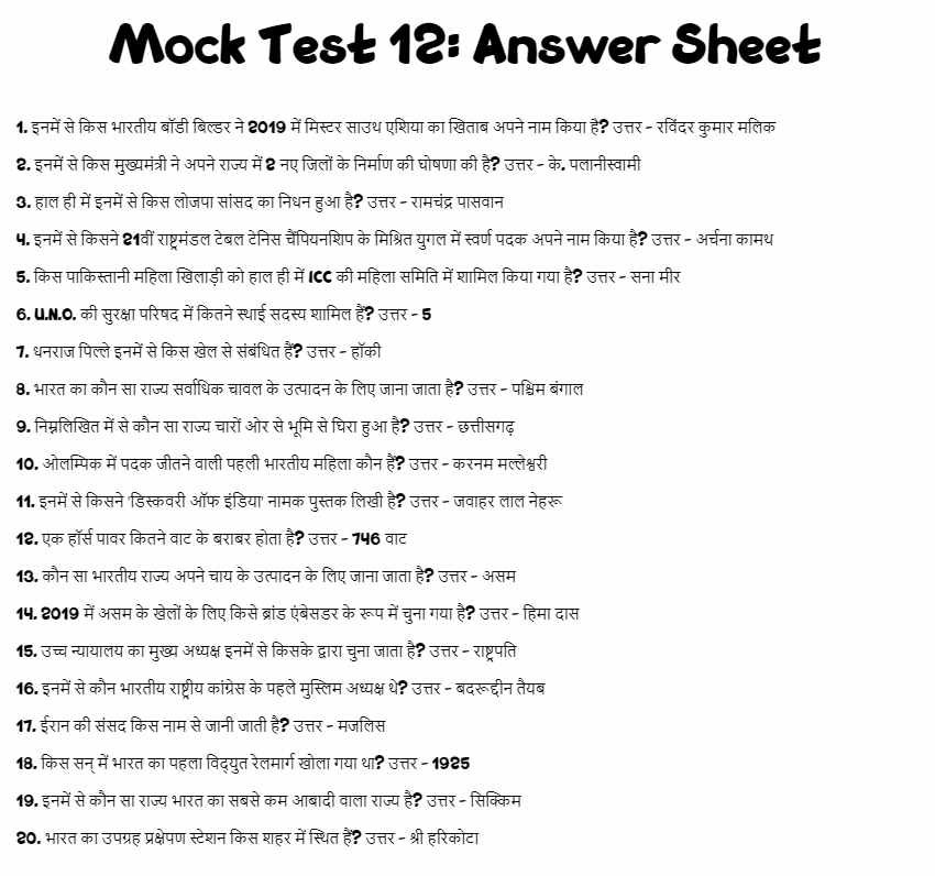 Mock Test 12 : GK Answer Sheet से सवालों के सही जवाब यहां देखिए