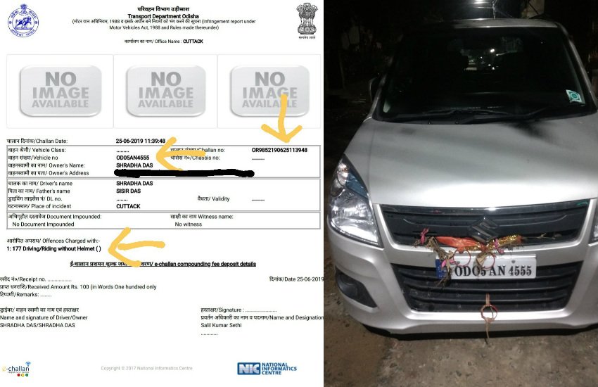 Maruti WagonR, Law Student Shradha Das, Cuttack Odisha RTO, E-Challan for not wearing helmet, fined for not wearing helmet, fined for seat belt