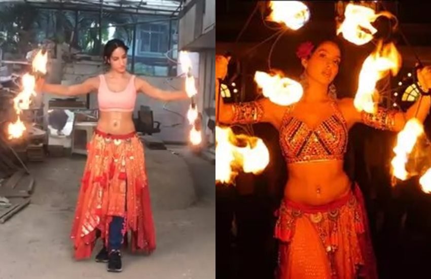 ओ साकी साकी सॉन्ग के लिए फायर डांस का गुर सीखतीं नोरा फतेही।