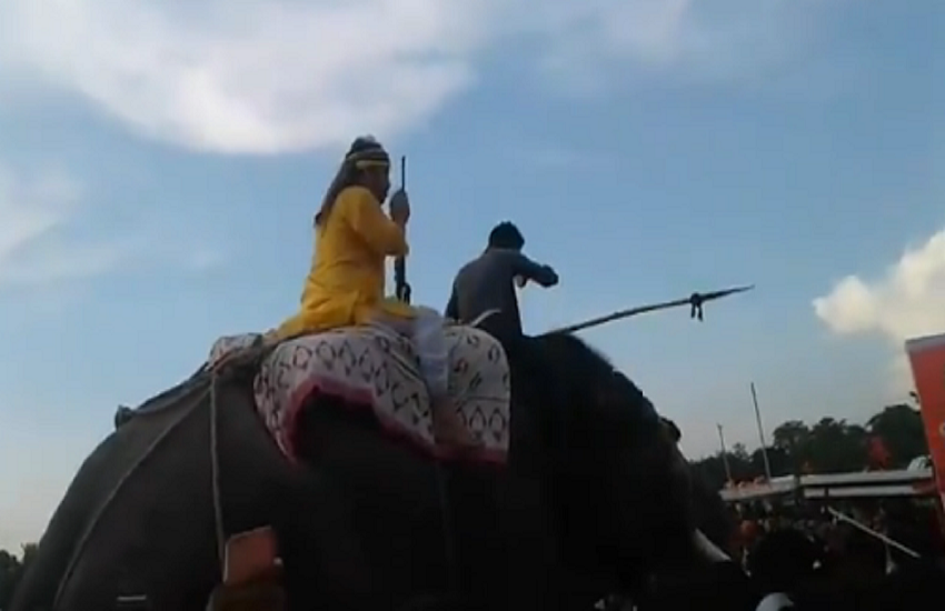 मेले में हाथी में बैठकर बंदूक लहराते विधायक विनय बिहारी। (video screenshot) मेले में हाथी में बैठकर बंदूक लहराते विधायक विनय बिहारी। (video screenshot)