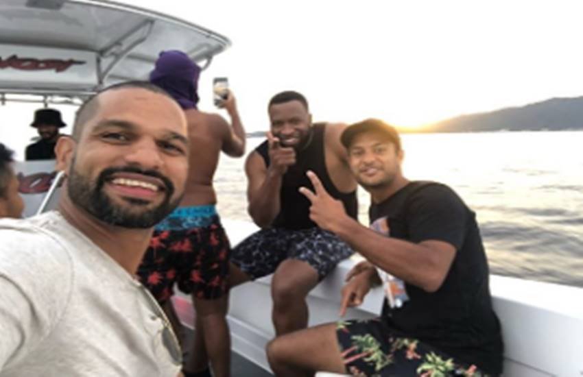 शिखऱ धवन, मयंक अग्रवाल और किरोन पोलार्ड। (फोटो सोर्स- धवन/इंस्टाग्राम स्टोरी)