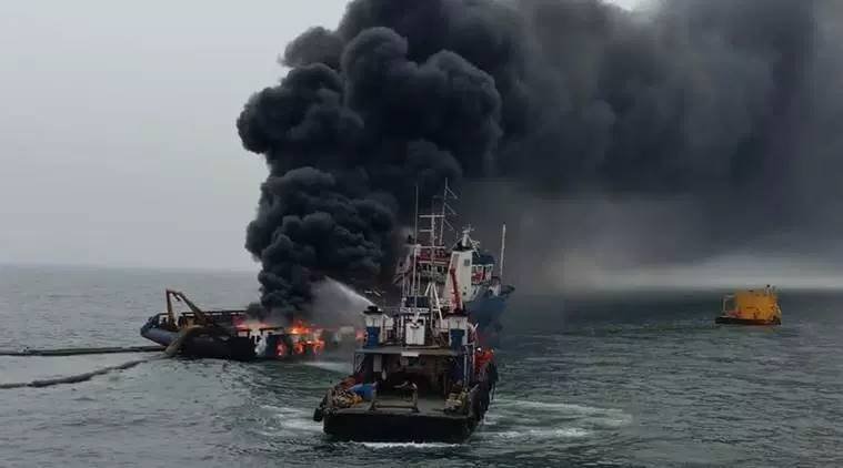 Andhra Pradesh, Coast Guards, coastal fire, fire, jaguar, sea, support vessel, visakhapatnam