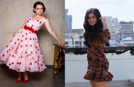 Katrina Kaif, Kangana Ranaut, Kangana Ranaut in polka dots, Katrina Kaif in floral ruched dress, Katrina Kaif dress from H&M, Kangana Ranaut dress from designer duo Gauri & Nainika, Lakme Fashion Week Winter/Festive 2019