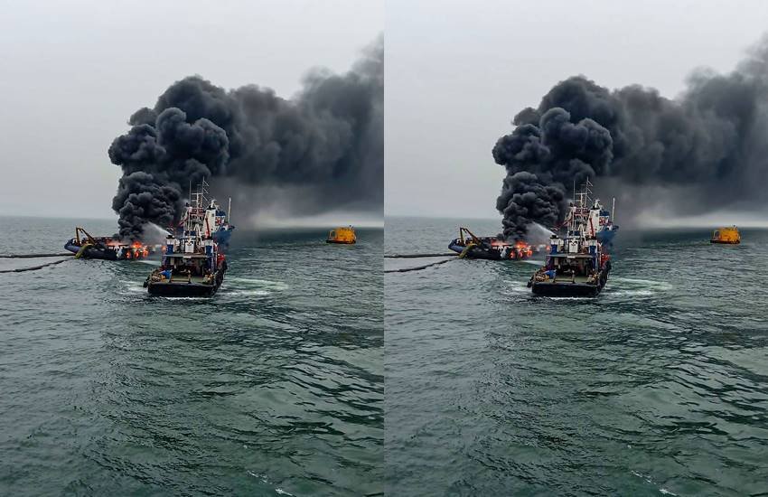 Andhra Pradesh, Coast Guards, coastal fire, fire, jaguar, sea, support vessel, visakhapatnam