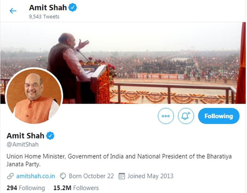 केजरीवाल के बाद अमित शाह के फॉलोवर्स सबसे ज्यादा हैं। 1.52 करोड़ ट्विटर यूजर्स शाह को फॉलो करते हैं।