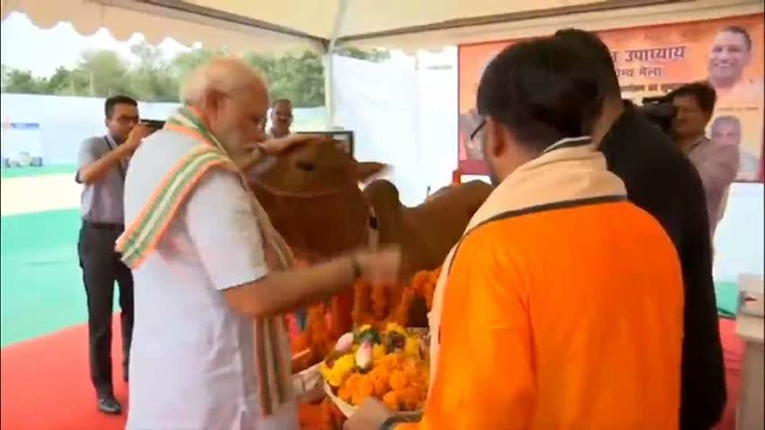 मथुरा के पशु आरोग्य मेले में पीएम मोदी ने गौ पूजन भी किया।