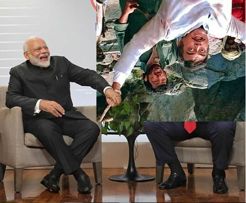 हाल ही में जर्मनी में हुए जी 7 सम्मेलन के दौरान पीएम की मुलाकात डोनल्ड ट्रंप से हुई थी। दोनों की वायरल तस्वीर के साथ फोटोशॉप कर ह्यूमर पैदा करने की कोशिश की गई है।
