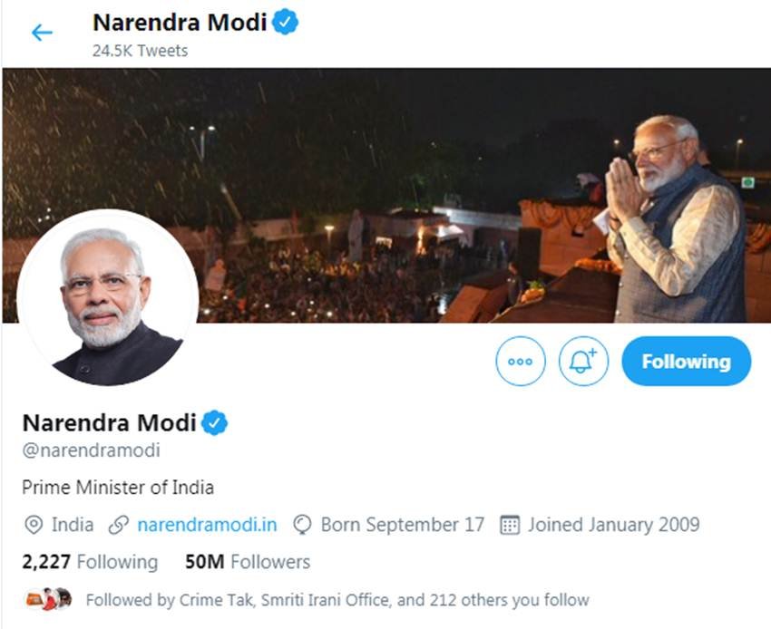 ट्रंप और ओबामा के बाद तीसरे नंबर पर भारतीय प्रधानमंत्री का नाम आता है, जिन्हें 5 करोड़ लोग फॉलो करते हैं।