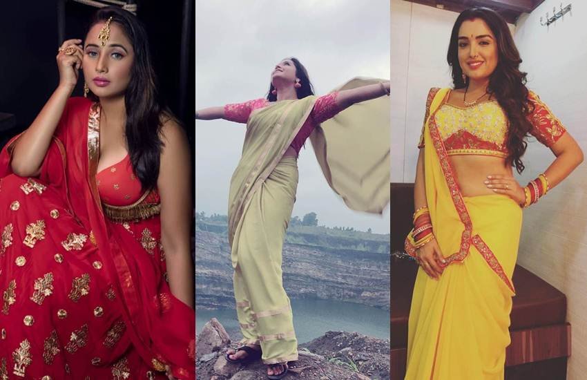 ग्लैमर इंडस्ट्री की डिमांड कहें या मजबूरी कि इससे जुड़े लोग हमेशा अपने लुक और अपीयरेंस को लेकर कुछ ज्यादा कॉन्शियस रहते हैं। उन्हें हमेशा इस बात का ध्यान रखना होता है कि पब्लिक के बीच वो किस तरह से नजर आएंगे। ग्लैमरस दिखने के लिए एक्टर्स अपने कपड़ों और लुक पर लाखों खर्च करते हैं। ऐसा करने में अब भोजपुरी स्टार्स भी बॉलीवुड सेलेब्स से पीछे नहीं हैं। बात अगर भोजपुरी अभिनेत्रियों की करें तो उनके सोशल मीडिया अकाउंट्स उनकी ग्लैमरस तस्वीरों से पटे हुए हैं। ऐसा नहीं है कि ये भोजपुरी अभिनेत्रियां सिर्फ वेस्टर्न आउटफिट में ही ग्लैमरस लगती हैं, इन्होंने साड़ी में तस्वीरें पोस्ट कर भी अपने फैंस के दिल जीते हैं। तो आइए डालते हैं भोजपुरी सिनेमा की मशहूर अदाकाराओं की साड़ी में तस्वीरों पर एक नजर: