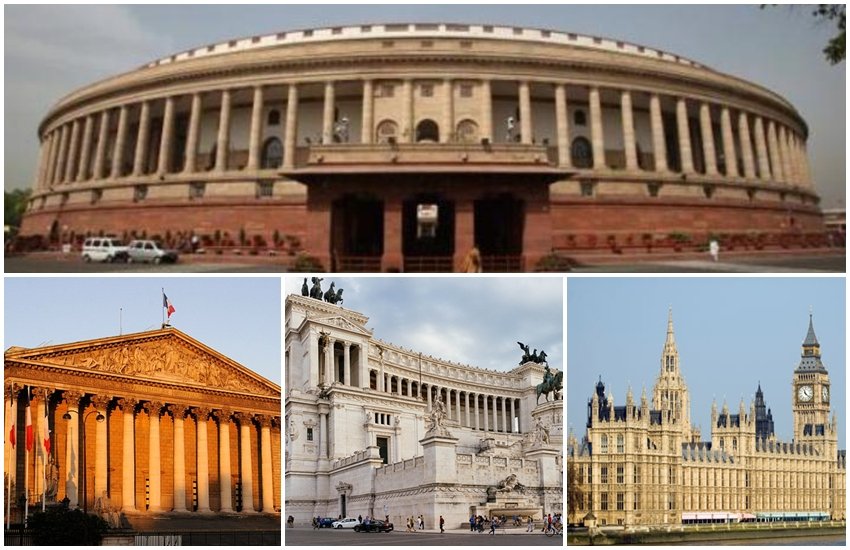 भारत, फ्रांस, इटली और इंग्लैंड के संसद भवन की तस्वीर। 