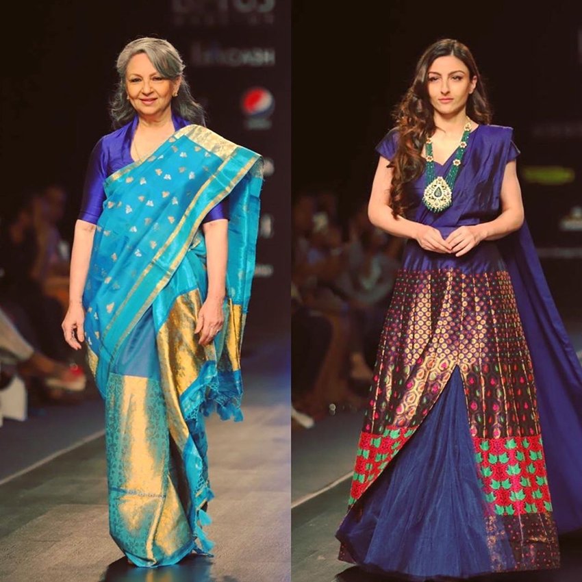 रैम्प पर सोहा अली खान रॉयल ब्लू लहंगे में नजर आईं। कपड़ों से मैचिंग नेकपीस सोहा की खूबसूरती में चार चांद लगा रहा था।