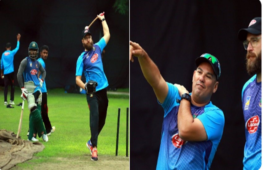 प्रैक्टिस के दौरान बांग्लादेशी कोच और खिलाड़ी। (फोटो सोर्स- ट्विटर)