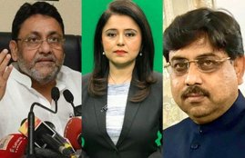 एनसीपी प्रवक्ता नवाब मलिक, एंकर रोमाना ईसार खान और बीजेपी प्रवक्ता केके शर्मा। फोटो: Twitter/KK Sharma/Nawab Malik