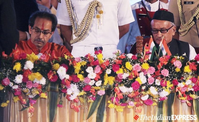 महाराष्ट्र के राज्यपाल भगत सिंह कोश्यारी ने उद्धव ठाकरे को शपथ दिलाई। इससे पहले शिवसेना से मनोहर जोशी और नारायण राणे राज्य के सीएम बन चुके हैं। (Express photo: Prashant Nadkar)